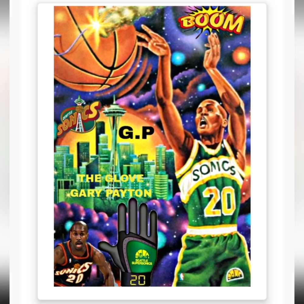 NEW! GARY PAYTON SEATTLE SUPERSONICS SELF-CREATED GLOSSY 8.5x11 COLOR ART POSTER